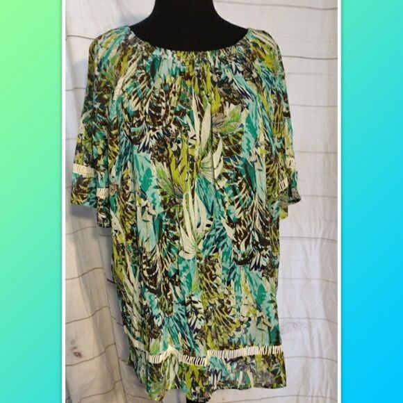 NWT Rebecca Malone Tunic Blouse Sz. 1X Green Multicolor Peasant Boho Style - Picture 3 of 4